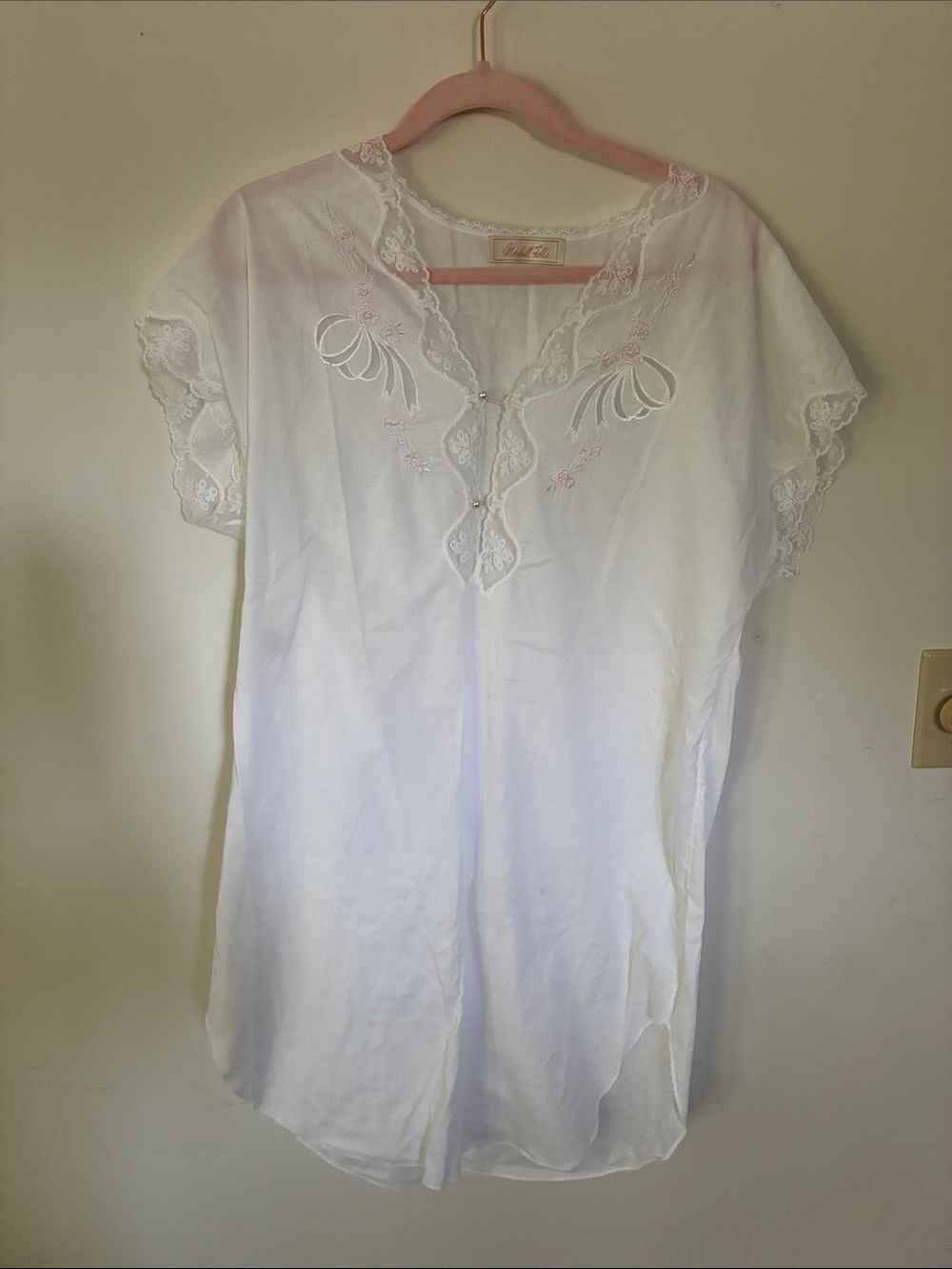 Vintage Marshall Fields White Lace-Trim Nightshirt with Pink Embroidery